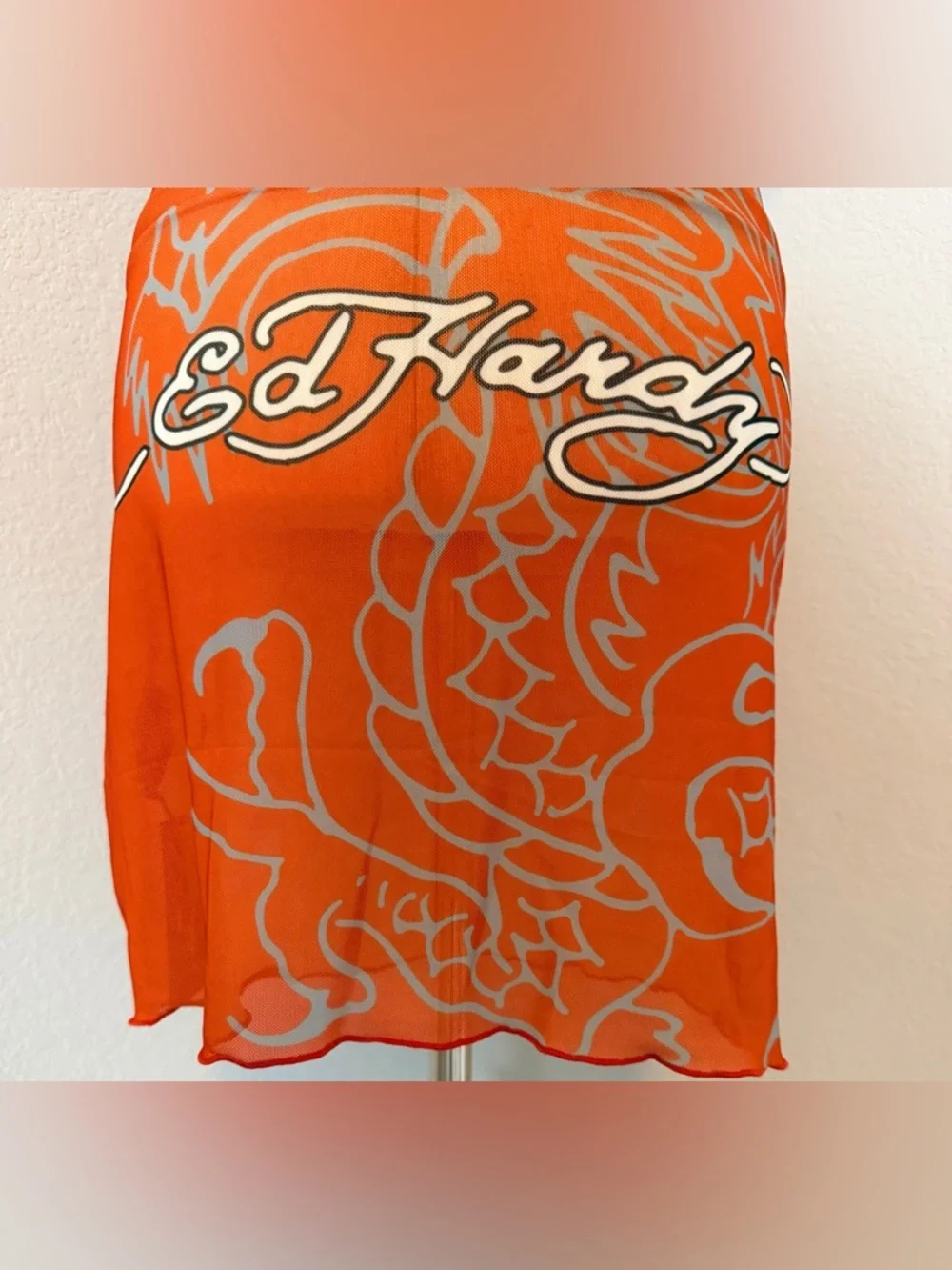 Ed Hardy Lotus Dragon Rhinestone Mesh Cover Up Mini Dress - Orange Combo - Picture 5 of 10